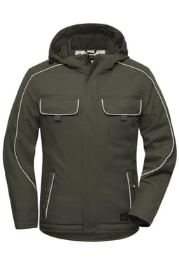 A softshell padded jacket in dark green featuring white piping, two chest pockets, and a hood.