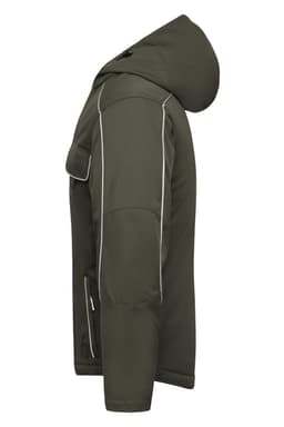 A softshell padded jacket in olive green with a hood, featuring a logo and white piping accents.