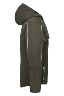 A padded work jacket in olive green with a hood and contrast stitching, featuring a logo on the chest.