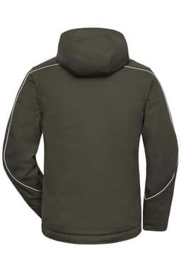 A padded work jacket in dark green with a hood and contrasting light trim, featuring a logo.
