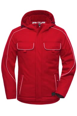 A red padded jacket with a hood and white piping, featuring multiple front pockets and a logo.