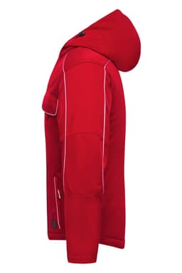 A red padded softshell jacket with a hood, featuring a logo and contrast stitching. Side view displayed.