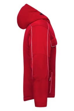 A red padded jacket with a hood, featuring contrasting piping and a logo.