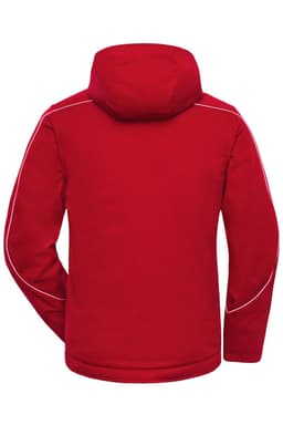 A red softshell padded jacket with a hood and white detailing on the back. It features a logo on the upper section.
