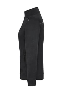 A black polar fleece jacket with a zip, featuring a high collar and pockets, includes branding.