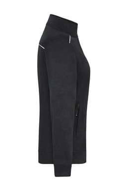 A black polar fleece jacket with a high collar and a zippered pocket on the side. It features a logo on the fabric.