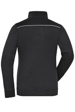 A black polar fleece jacket featuring a high collar and a reflective strip on the back, with a logo.
