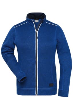A blue fleece jacket with a zip front, featuring a high collar and a logo on the hem.