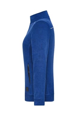 A blue ladies' knit workwear fleece jacket with a zippered pocket and a logo on the side.