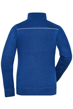 A blue fleece jacket with a high collar and a contrasting white seam at the back. It features a logo.