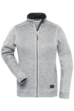 A grey ladies' knit workwear fleece jacket with a zip front and black collar. Features include a logo.