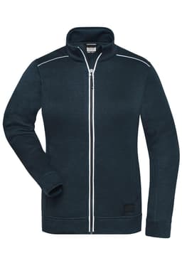 A navy fleece jacket featuring a full zip, high collar, and contrasting white detailing. Includes a logo on the front.
