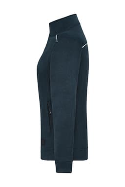 A side view of a navy blue ladies' knit workwear fleece jacket with a zippered pocket and a small logo.