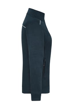 A navy blue ladies knit workwear fleece jacket with a zip pocket and a high collar. It has a branding logo.