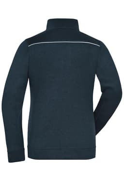 A navy fleece jacket with a high collar and a back view, featuring a logo and a contrasting white trim.