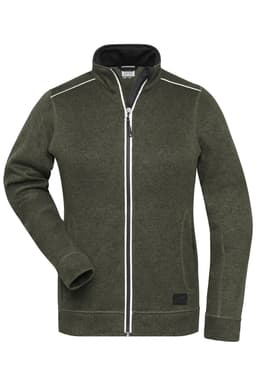 A green polar fleece jacket with a zip front, featuring a collar and a logo on the side.