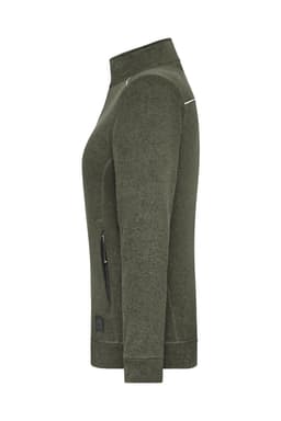 A ladies' fleece jacket in olive green, featuring a zippered pocket and a logo on the hem.
