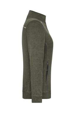 A side view of a ladies' knit workwear fleece jacket in olive green, featuring a zip pocket and a logo.