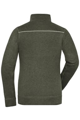 A dark green polar fleece jacket featuring a high collar and a decorative back seam. It has a logo on the fabric.