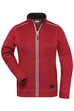A red fleece jacket with a zip front, high collar, and a logo on the side. Features contrasting stitching.