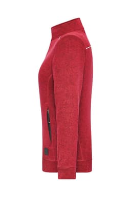 A red ladies' knit workwear fleece jacket with a zippered pocket and a high collar, featuring a logo.