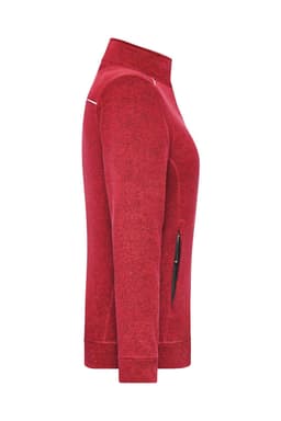 A red fleece jacket with a zippered pocket, featuring a fitted design and a stand-up collar. It has a logo on the chest.