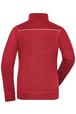 A red fleece jacket with a high collar and a subtle design detail on the back, featuring a logo.