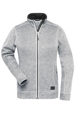 A grey fleece jacket with a high collar and zipper, featuring a logo on the lower left side.