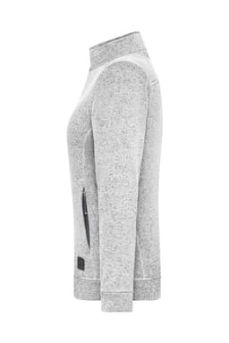 A grey polar fleece jacket featuring a zippered side pocket and a small logo on the lower part.