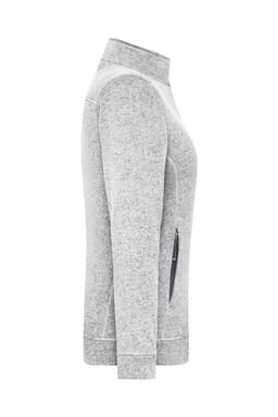 A grey polar fleece jacket with long sleeves and a zippered pocket on the side, featuring a logo.