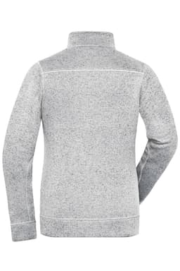 A grey polar fleece jacket with a high collar, featuring a logo on the back.
