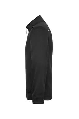 A black men's knit workwear fleece jacket with a zip collar and side seam detailing. Features a logo.