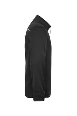 A men's black knit workwear fleece jacket with a zip and contrasting shoulder details, featuring a logo.