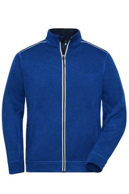 A blue polar fleece jacket featuring a zip front and a collar, with contrasting detailing and a logo.