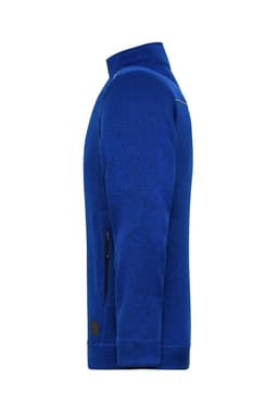 A blue men's knit workwear fleece jacket featuring a side zip pocket and a logo on the front.