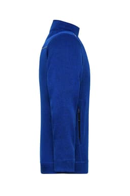 A men's knit workwear fleece jacket in blue with a high collar and zippered pockets, featuring a logo.