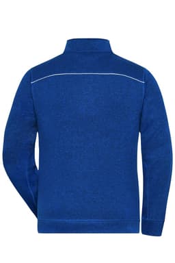 A blue men's knit workwear fleece jacket featuring a high collar and a logo. The back has a contrasting seam detail.
