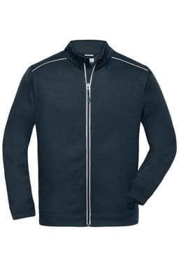 A men's knit workwear fleece jacket in navy blue with white detailing and a zip closure. Features a logo.