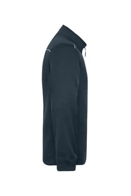 A dark navy fleece jacket with a high collar and zip closure, featuring a logo on the side.