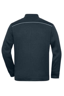 A dark navy fleece jacket featuring a zip-up collar and a subtle back design, with a logo on the fabric.