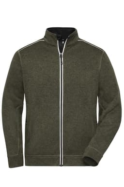A men's knit workwear fleece jacket in olive green with a zip front and a logo on the chest.