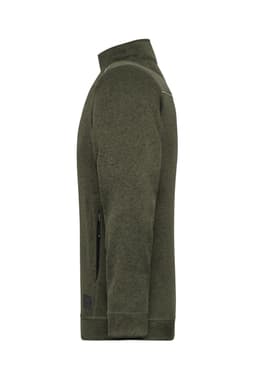 A men's polar fleece jacket in olive green, featuring a zippered side pocket and a logo on the sleeve.