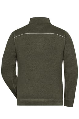 A men's knit workwear fleece jacket in olive green, featuring a collar and a subtle logo.