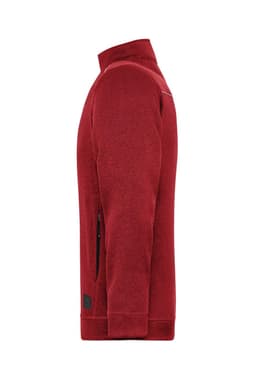 A red men's knit workwear fleece jacket featuring a high collar and zippered side pockets. It has a small logo on the lower hem.