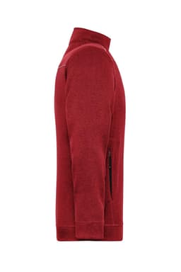 A red men's knit workwear fleece jacket with a zippered pocket and a high collar. It features a logo.