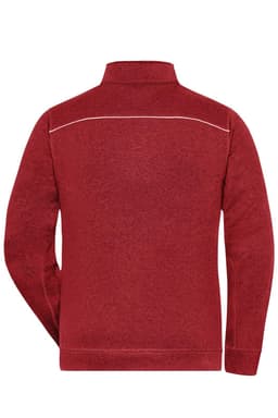 A red men's knit workwear fleece jacket with a high neck and a subtle logo on the back.