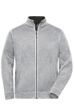 A grey polar fleece jacket with a zip front, featuring a collar and side pockets. It has a logo on it.