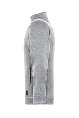 A grey polar fleece jacket with a high collar and side zip pockets, featuring a logo on the lower side.