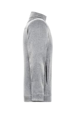 A men's knit workwear fleece jacket in grey, featuring a side zip pocket and a stylish collar.