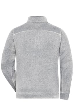 A grey men's knit workwear fleece jacket with a high collar and a logo on the back.